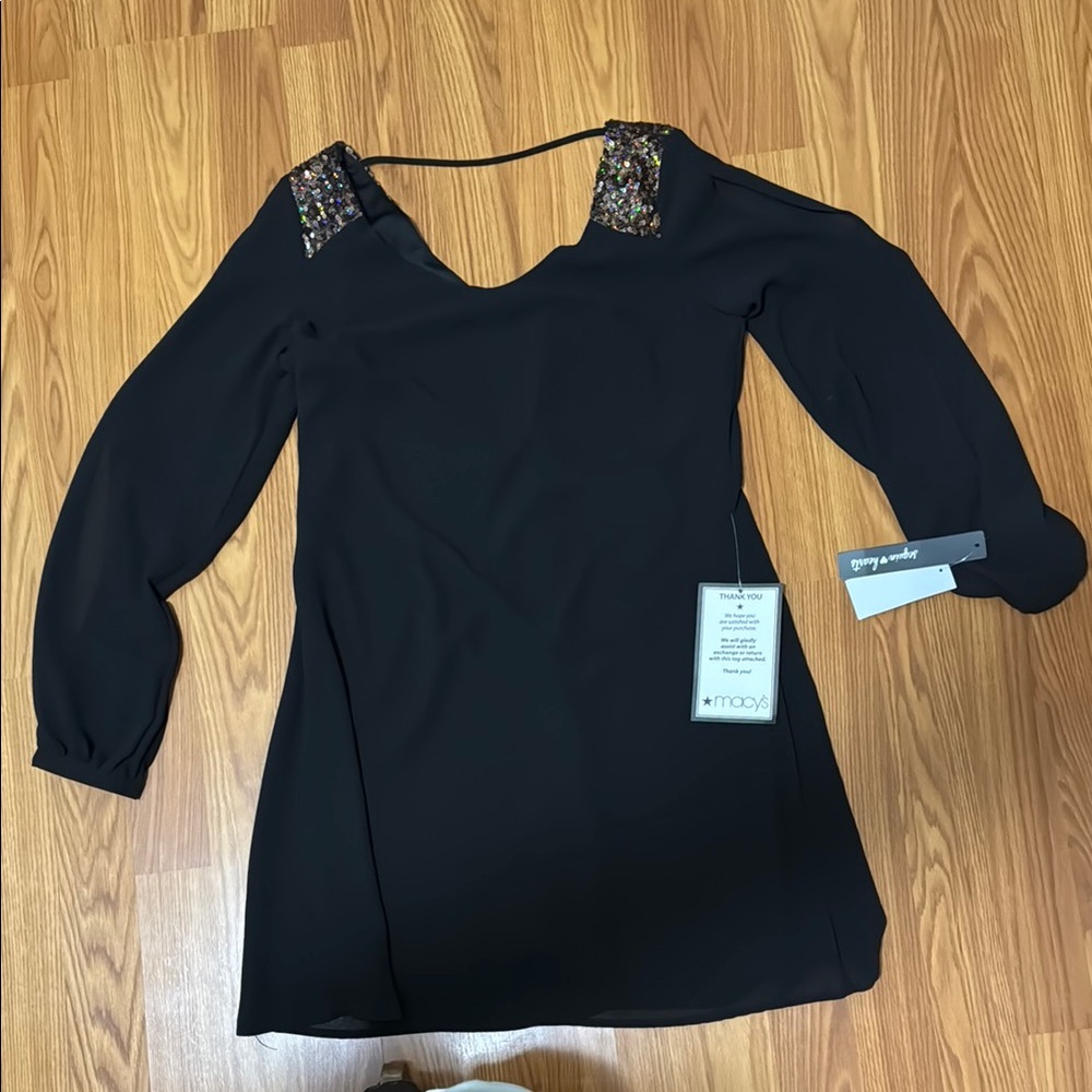 Sequin Hearts Black Sheath Dress with V-Neck and Bishop Sleeves